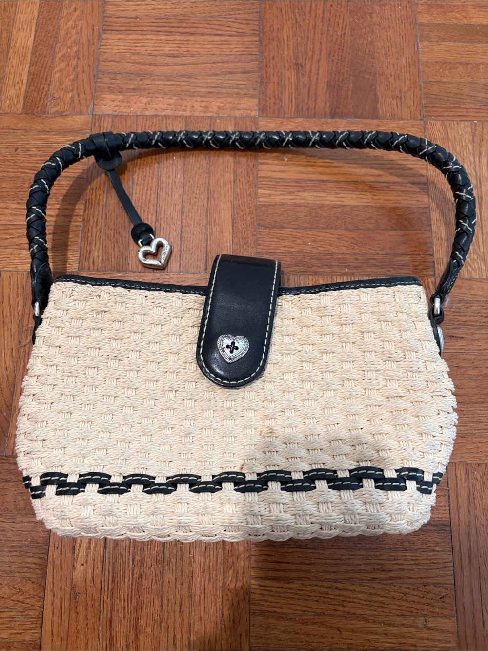 Brighton Cream Woven Shoulder Bag with Black Trim